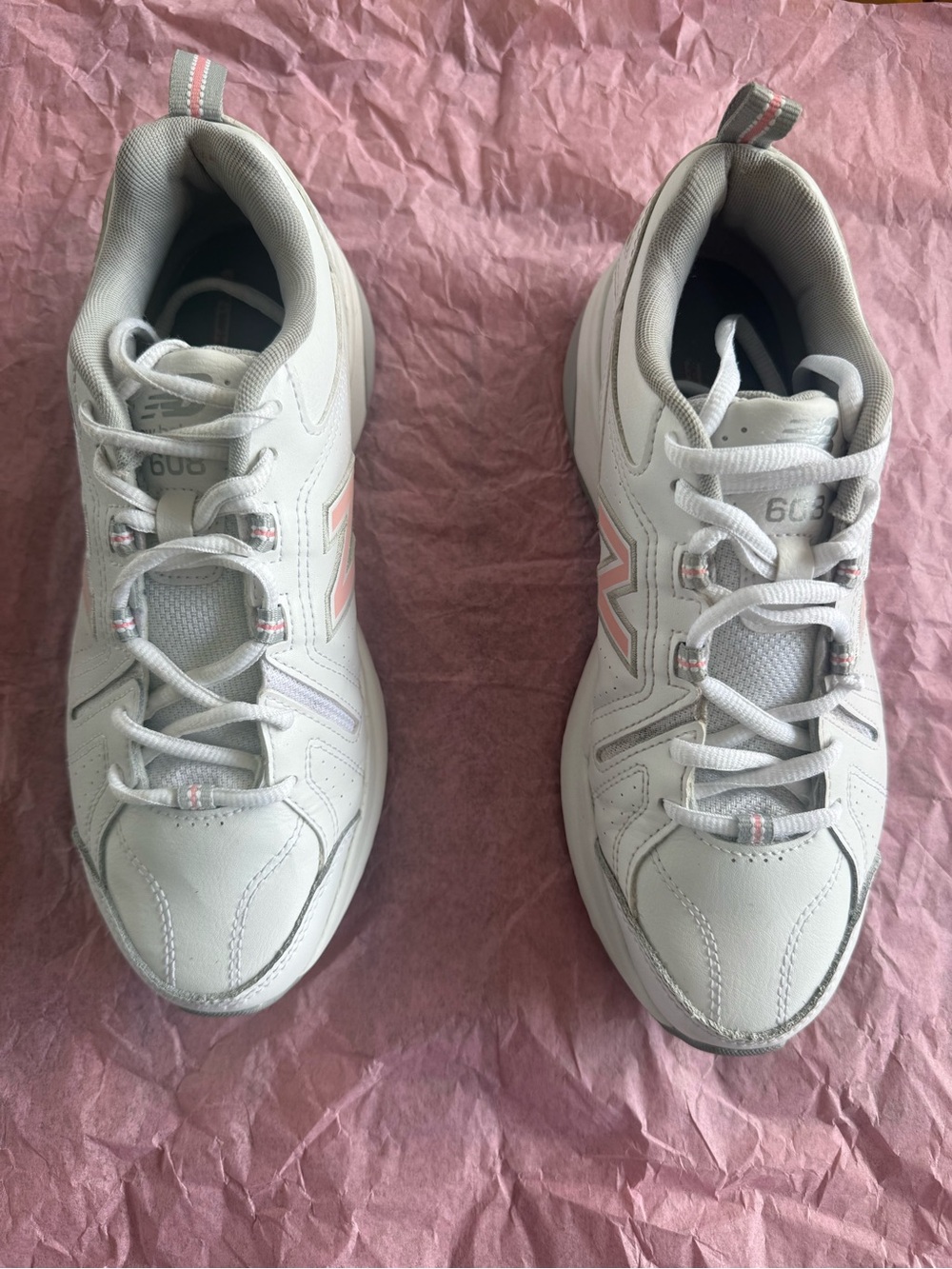 New Balance White Sneakers with Pink Accent 'N' Logo